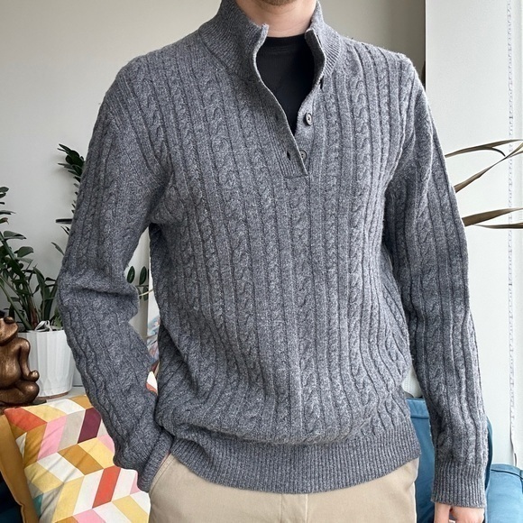 Bloomingdale's Half-Button Gray Wool Cashmere Long Sleeve Mockneck Sweater L - Picture 1 of 13